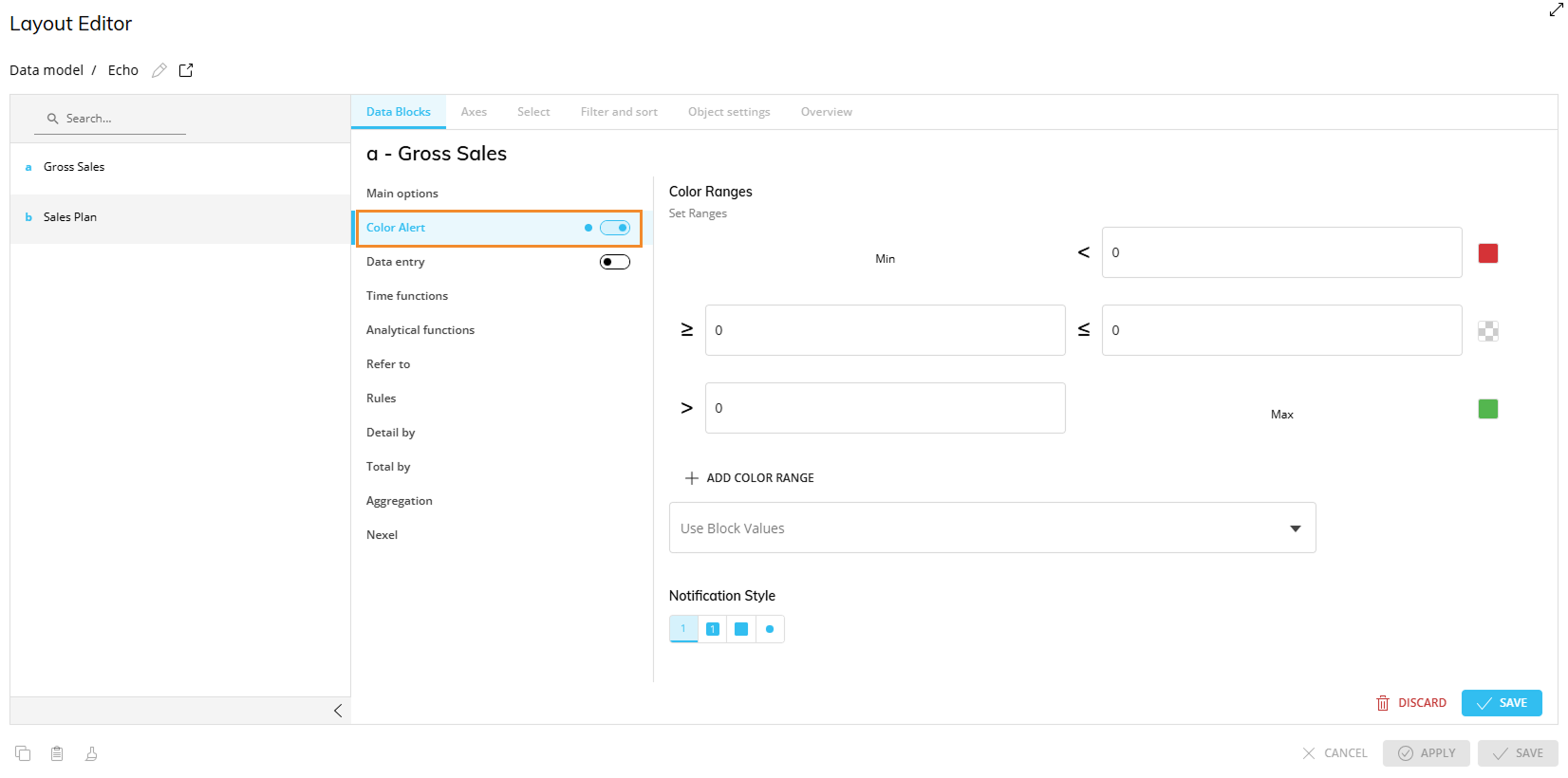 Settings for Color Alerts in a Data Block Layout Editor interface.